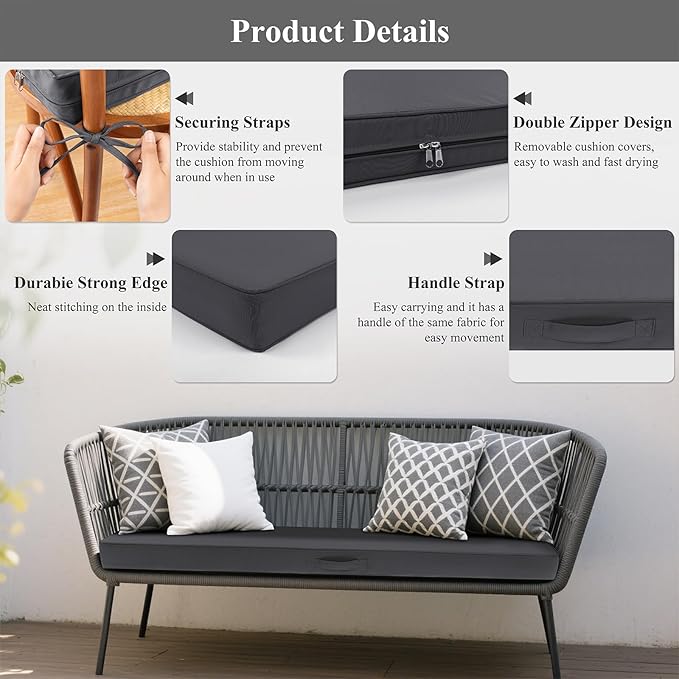 SHACOS Outdoor Bench Cushions 54 x 16 Inch, 3.2 Inch Thick High-Density Bench Cushion, Waterproof & Fade-Resistant Removable Cover with Ties, Bench Seat Cushions for Patio Garden Furniture, Dark Gray