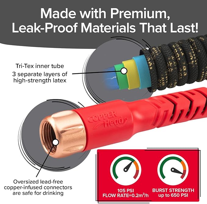 Pocket Hose 50 FT Copper Head Expandable Garden Hose with Pocket Pivot, No Tangles, AS SEEN ON TV, 360° Swivel, Tri-Tex Tubing, Force Field Jacket, Lead-Free, No-Kink, Anti-Burst w/APT