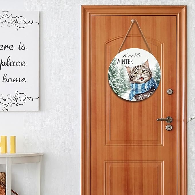 Hello Winter Cute Cat Door Sign For Front Door Decor,Green Pine Tree White Snowflakes Wooden Sign 12"x 12" Round Wood Hanging Door Sign Christmas Decoration for Wall Rustic Porch Decor