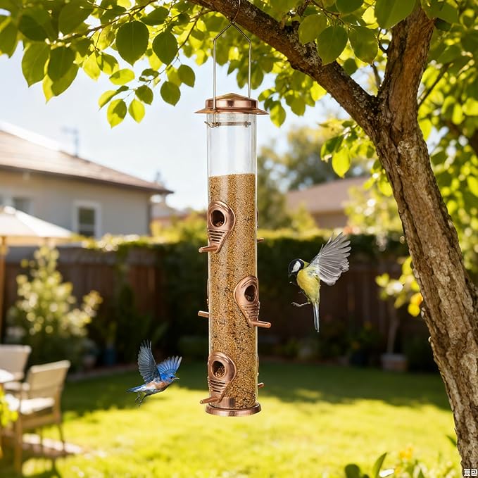 ERYTLLY Metal Bird Feeders 6 Port Tube Bird Feeder for Wild Birds, 1.4mm Extra Thick Solid Tube Transparent with Steel Hanger Squirrel Proof for Outside