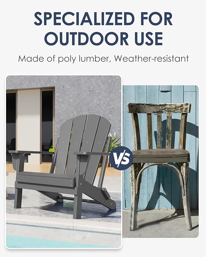Folding Adirondack Chairs Set of 2, All-Weather Resistant HDPE Patio Firepit Chairs, Sturdy Outside Chairs with Cup Holder, Lawn Chairs, 80% Pre-Installed Load Capacity 385lb, Slate Grey