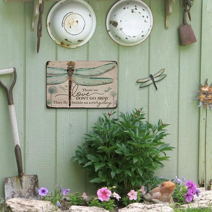 YOYI ART Metal Dandelion Dragonfly Wall Decor Sign - Those We Love Don't Go Away, Vintage Tin Signs for Home, Bedroom, Kithcen, Garden, Patio and Yard Wall Art Accessories, Gift for Women, 12 x 8 inch