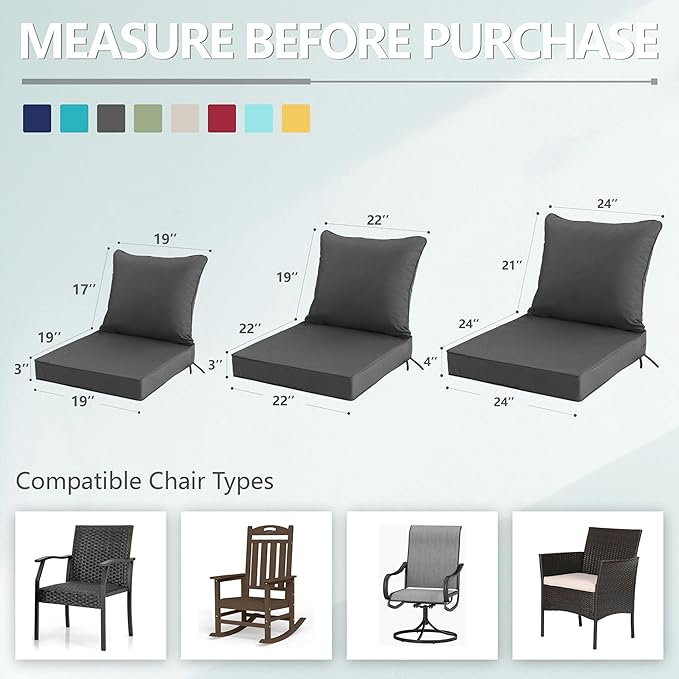 22x22 Inch Patio Chair Cushions Set of 4, Outdoor Furniture Cushions - Removable Cover, Water-Repellent, Fade-Resistant, Non-Slip Bottom & Straps, Replacement for Lawn, Porch & Deck Chair - Dark Grey