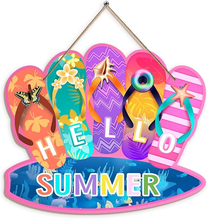 Summer Decor Welcome Door Sign Slippers Hanging Sign Summer Wall Decor Welcome Hello Flip Flop Door Sign Hello Summer Dopamine Decor Rustic Wood Hanging Plaque Yard Garden Decoration with Rope