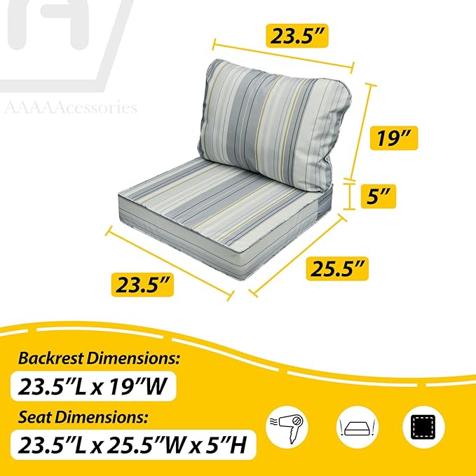 AAAAAcessories Outdoor Seat Cushions for Chairs, Fade-Resistant, Waterproof Patio Furniture Replacement Cushions, 23.5" x 25.5" x 5" + 23.5" x 19", Set of 4, Ash Blue Harbor Stripe