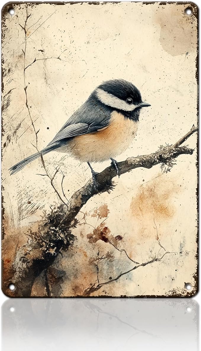 PEACHGARDEN Chickadee Bird Wall Decor Chickadee Wildlife Vintage Metal Sign Wall Art Decor for Home Living Room Kitchen Garden Bedroom Office Hotel Cafe And Pub Decoration 8x12inch