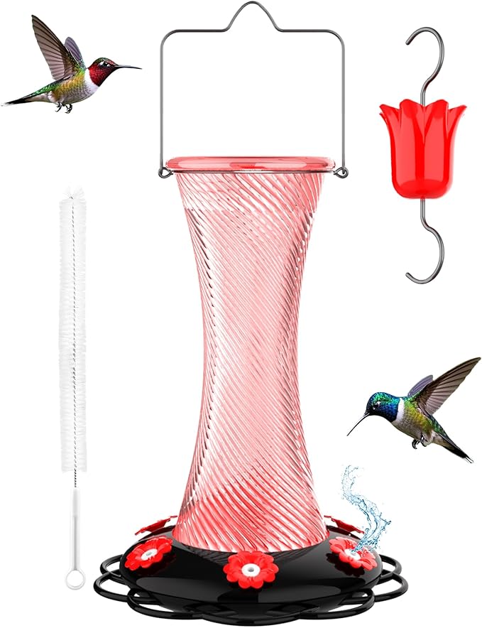 Hanging 20oz Glass Hummingbird Feeder with Moat, Small Outdoor Plastic Bird Feeder, Squirrel Proof, Ants, Outside Water Dispenser for Garden (Pink Glass Bird Feeder)