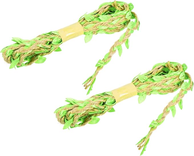 PATIKIL 6.6ft 5mm Burlap Leaf Ribbon, 2 Pack Braided Decoration Vine Natural Jute Rope Twine with Artificial Leaves for Jungle Wedding Party Home Garden Decor, Fluorescent Green