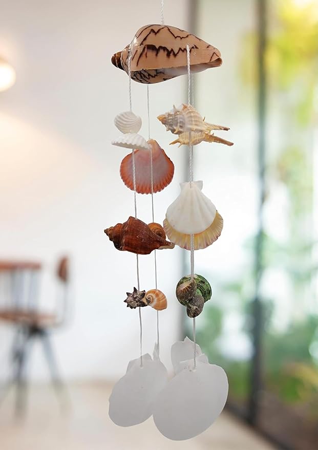 Seashell Wind Chimes, Windchimes Outdoor Indoor Beach Home Décor Hanging for Patio Garden Porch Yard, Genuine Seashells