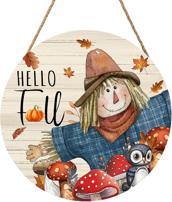 Hello Fall Scarecrow Pumpkin Door Sign For Front Door Decor,Autumn Harvest Maple Leaf Mushroom Wooden Sign 12"x 12" Round Wood Hanging Door Sign Thanksgiving Decoration for Wall Rustic Porch Decor