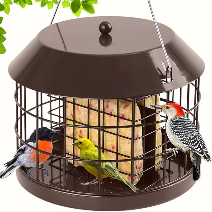 Caged Suet Bird Feeder for Outdoors Hanging, Squirrel Proof Double Suet Feeder for Small Birds, Metal Cage with Detachable Hook, Large Space, Outdoors Weatherproof, Brown