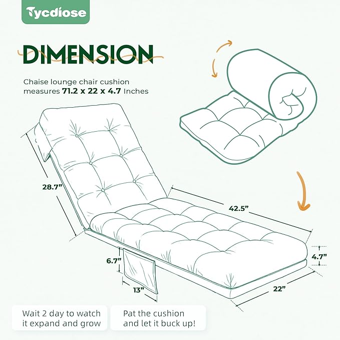 Outdoor Lounge Chair Cushion, Waterproof Replacement Chaise Lounge Cushions for Outdoor Furniture Thickened 71 x 22 x 4.7 Inches Non-Slip Patio Pool Lounge Chair Cushions with Ties (Cyan)