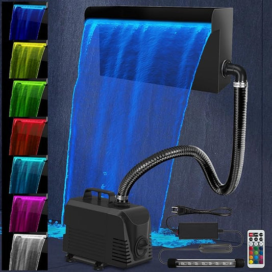 AquaMiracle Pond Waterfall Kit with LED Lights, All-in-1 Stainless Steel Spillway with 800GPH Water Pump, Outdoor Waterfall Fountain for Garden, Backyard & Pool Decor (18inch)