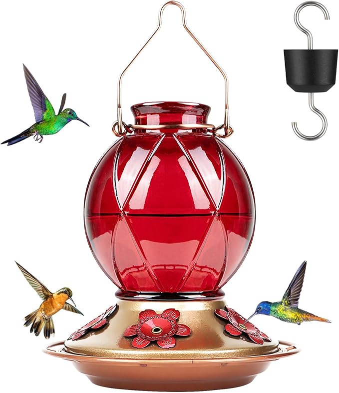 BOLITE Hummingbird Feeder, Glass Hummingbird Feeder for Outdoors, Meshy Texture Ball Shape Bottle, 20 Ounces, Red, Birthday Gifts for Women Men, Gifts for Mom Dad