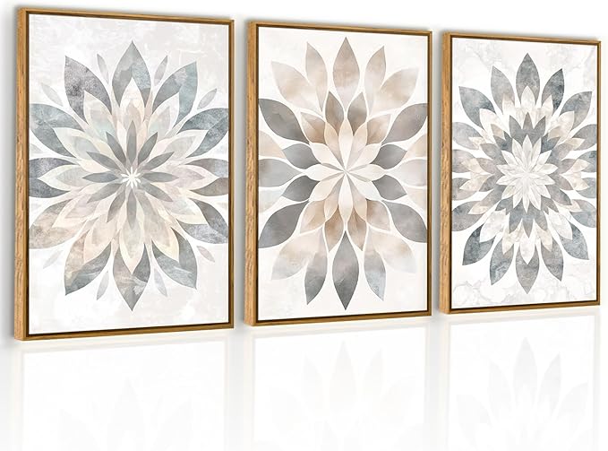 QTUSYUR Boho Mandala Wall Art - Large Farmed Neutral Minimalist Art Print - Farmhouse Floral Canvas Artwork for Bedroom and Living Room- Modern Elegant Flower Wall Pictures for Home Decor 16”×24”×3