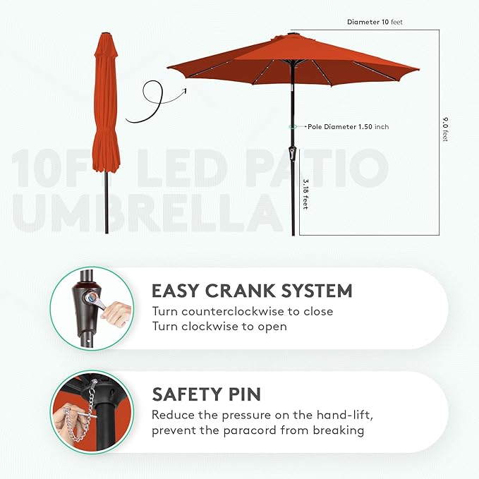 JEAREY 10FT Outdoor Patio Umbrella with Solar Lights, LED Lighted Pool Umbrella with Tilt and Crank, Outdoor Table Umbrellas for Deck, Yard & Market(Orange)