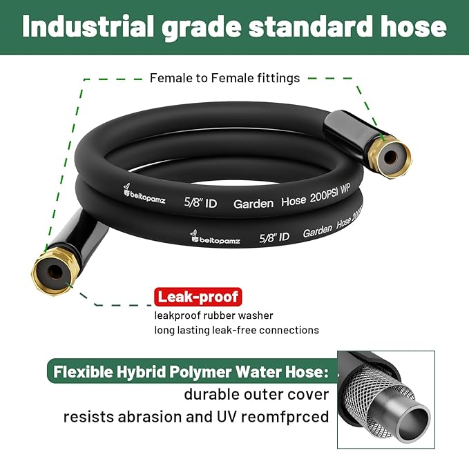 Short Garden Hose 3 ft x 5/8" Female to Female, Heavy Duty Small Water Hose Extender Connector, Leak-Free Connections Hybrid Rubber Leader Hose with 3/4" Double GHT Fittings, Black