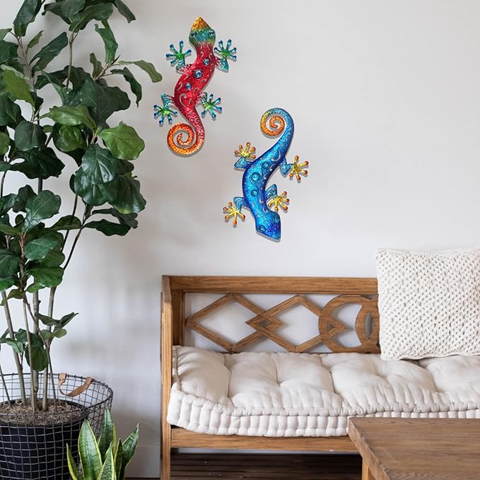 Metal Lizard Outdoor Decor Metal Gecko Wall Art Hanging Garden Fence Yard Patio Set of 2