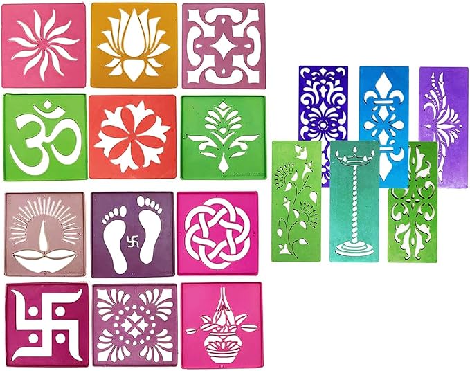 12 Different Design Draw Rangoli Making Kit Rangoli Stamp Om Swastik Flower Design Colourful Rangoli Making Stencils & 6 Border Stencils Total 18 Pieces