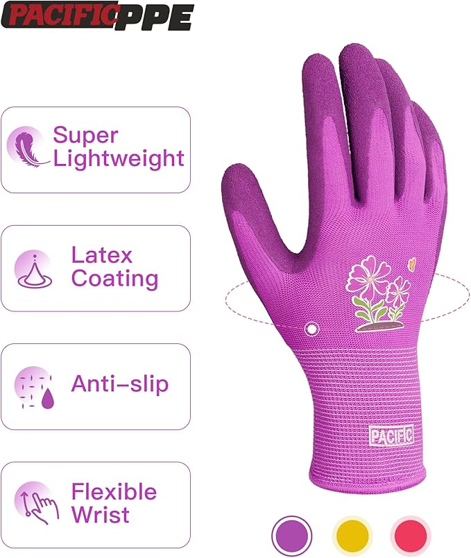 PACIFIC 6 Pairs Gardening Gloves for women, Rubber Coated Garden Gloves, Ladies Yard Work Gloves, Breathable, Purple & Yellow & Red, Medium