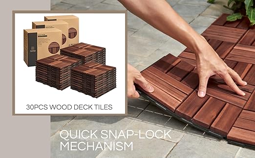 Deck Tiles, Patio Flooring - Outdoor Waterproof Acacia Wood Tiles for All Weather Use - Balcony, Backyard, Indoor & Outdoor (Dark Brown Crossed Pattern, 30 Pcs - 30 Square Ft)