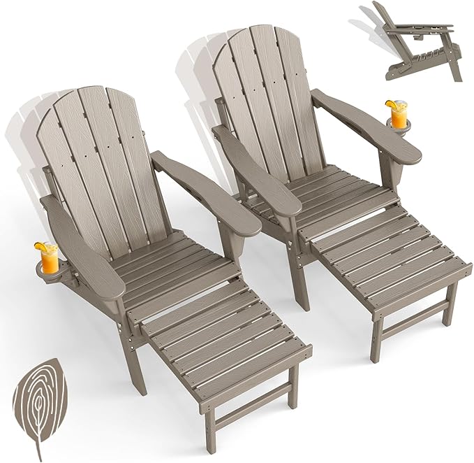 GREENVINES Adjustable Adirondack Chair with Retractable Ottoman Set of 2 | Folding | 2 Cup Holders | Wood Grain HDPE Plastic | Fire Pit Chairs w/Foot Rest | Desert Brown | for Outdoor Patio Poolside