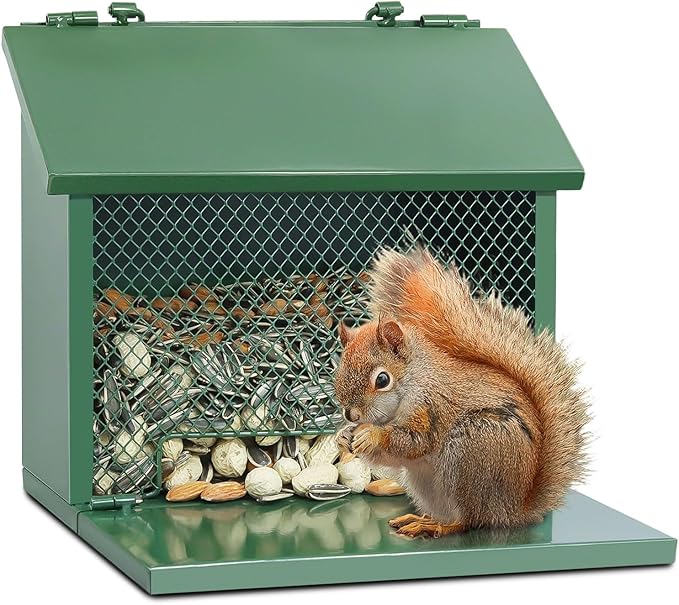 Metal Squirrel Feeder, Squirrel Feeders for Outside Hanging Nesting Box Chipmunk Picnic Table House Outdoors for Corn, Nut, Peanuts Green 1 Pack