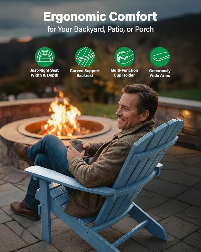 YEFU Adirondack Chairs Set of 8: Outdoor Chair HIPS Plastic Adirondack Chairs - Patio Chairs with Wood Texture - Lawn Fire Pit Deck Porch Garden Chairs for Adults (Blue)