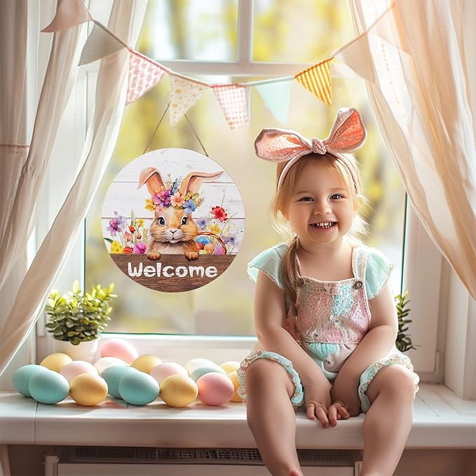 Easter Decorations for Front Door: Spring Wreath Bunny 3D Welcome Sign for Wall Decor Rabbit Wreaths Hanging