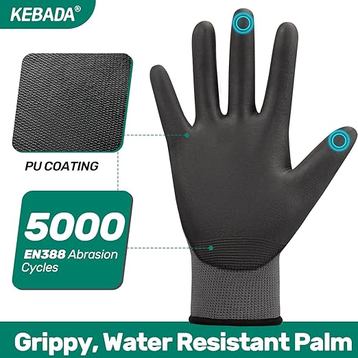 Kebada W1 Work Gloves for Men and Women, PU Coated Safety Gloves with Grip, Touchscreen, Ideal for Warehouse Package Handling, Construction, Gardening, 12 Pairs Gray Small