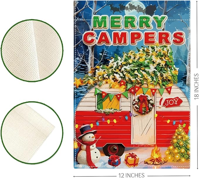 Merry Campers Christmas Garden Flag Xmas Winter Holiday Outside Outdoor Lawn Decorations Yard Flag Double Sided 12x18 Inch