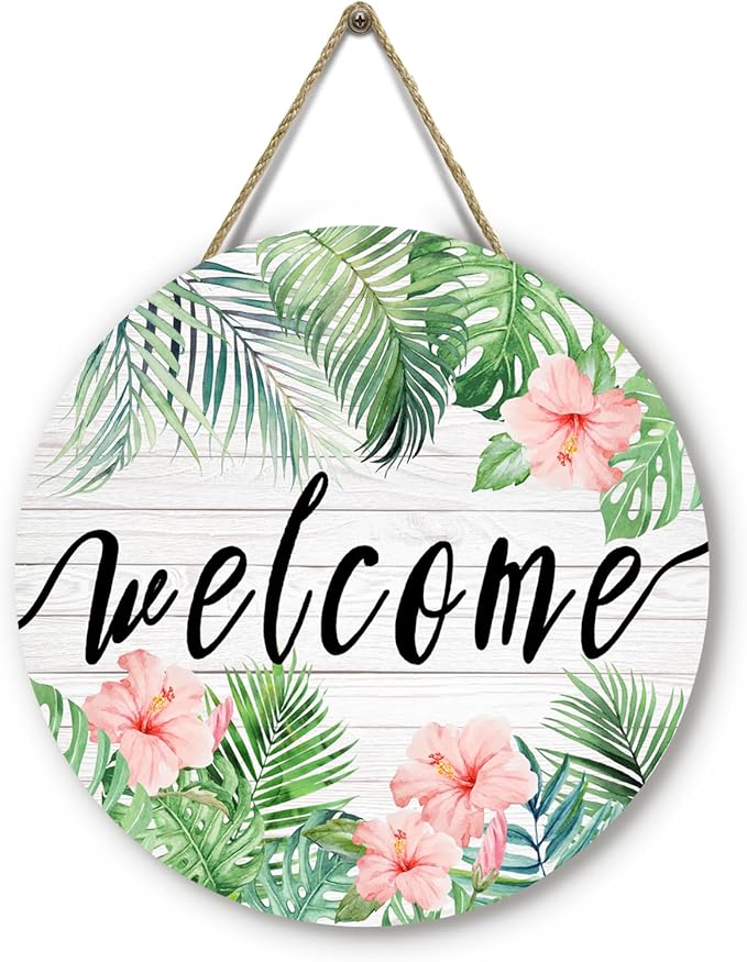 Summer Tropical Welcome Palm Leaf Sign for Front Door Wooden Green Palm Leaves Flower Door Signs Summer Floral Round Door Hanger for Wall Home Office Decorations