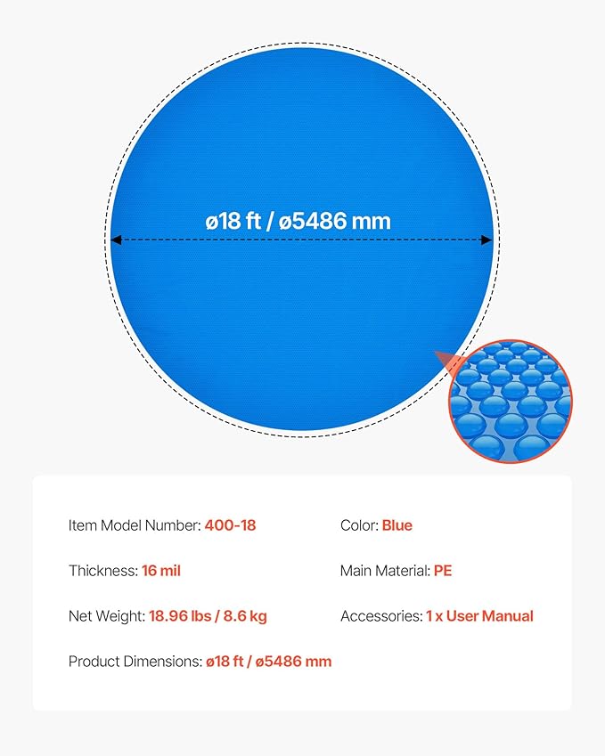 VEVOR Solar Pool Cover, 18 ft Round Pool Bubble Cover, 16 Mil Pools Solar Blanket with Bubble & PE Material, Daytime Heat Absorption, Nighttime Heat Retention, Heat Retaining Solars Covers, Blue