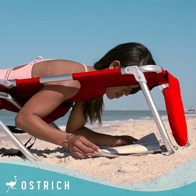 Ostrich Deltess 3N1 Portable Tanning Chair, Reclining Outdoor Lounger, and Cooler Bag, Lightweight and Adjustable, Red