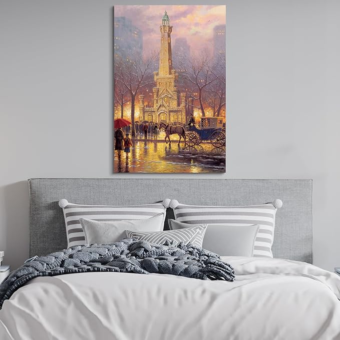 STUDIO HAVEN Thomas Kinkade Canvas Wall Art, Snowy Winter Evening Horse Drawn Carriage Pedestrians City Tower Oil Painting Poster Landscape Wall Decor, Framed Prints for Home Decor, 32x48Inch