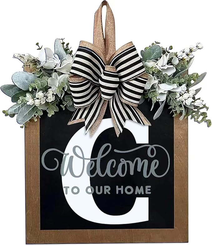 Last Name Porch Decor: Welcome Sign & 26 Letter Wreaths, All-Season Monogram (C), Spring Wreaths for Porch