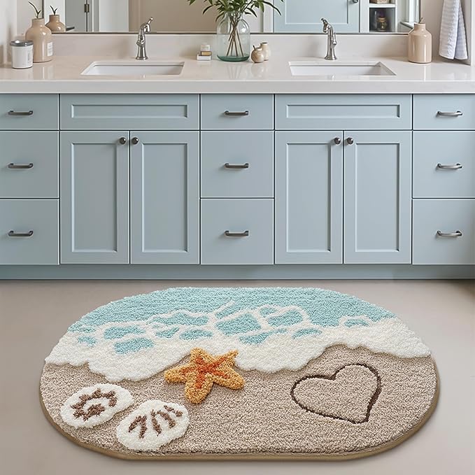 LUMI Extra Large Beach Bathroom Rugs, Non Slip Bath Mat Ultra Soft Washable Absorbent Quick Dry, Ocean Sea Theme Bath Rug with Starfish Shell for Shower Floor, Kitchen Decor, Kids Room, 30"x60"