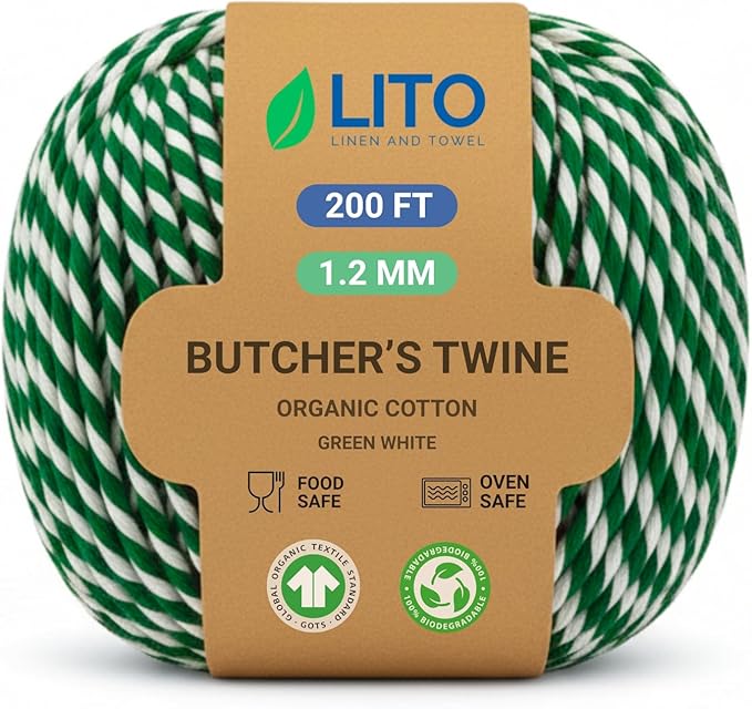 Green and White Organic Twine Cotton String - 200 Feet Wrapping, Baking, Butcher, Crafts, DIY Projects, Easter, Christmas