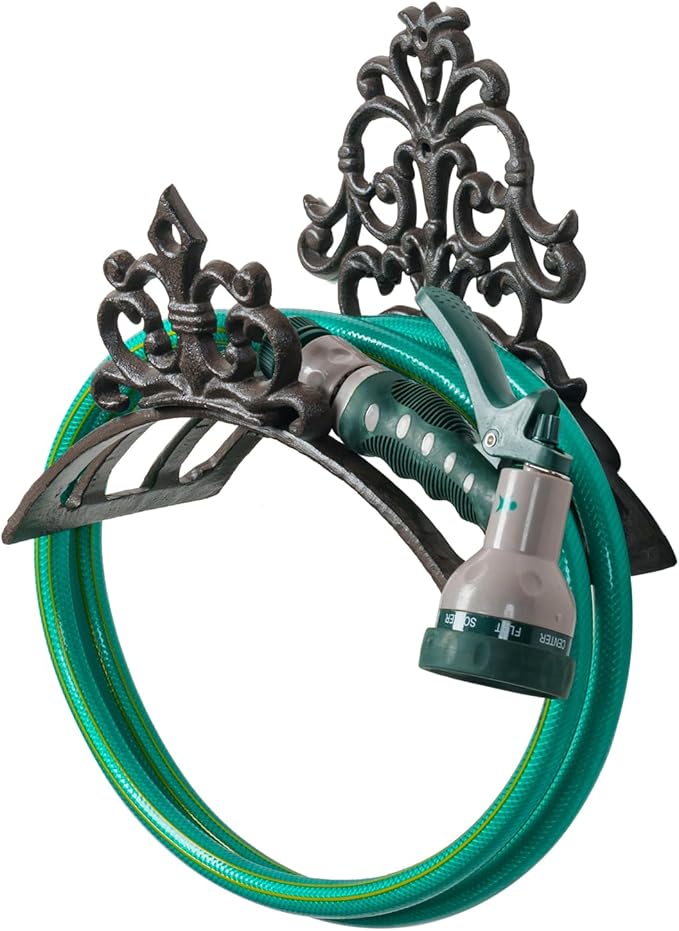 MyGift Wall Mounted Garden Hose Holder, Decorative Vintage French Floral Scrollwork hose Reel Hanger, Dark Coffee Cast Iron Water Hose Storage Rack