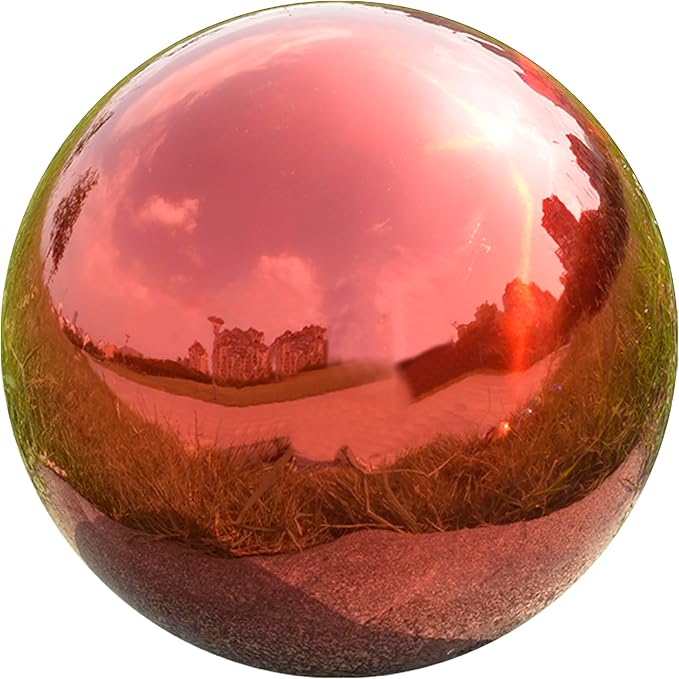 Nerien 10 Inch Gazing Ball, Stainless Steel Garden Mirror Globe, Polished Ornament Sphere, Hollow Floating Reflective Hemisphere, Home Outdoor Pond Housewarming Swimming Pool Decoration Gift, Red