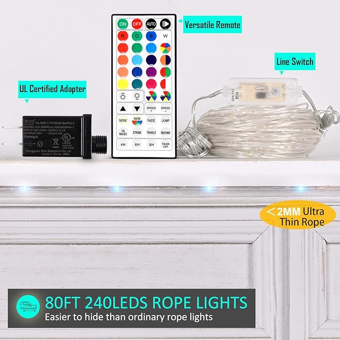 Outdoor String Lights, Rope Lights with Remote, Waterproof String Lights Outdoor Fairy Lights Twinkle Lights for Wedding, Patio, Pool, Christmas