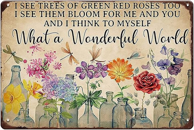 YOYI ART Dragonfly and Flowers Metal Tin Sign, What a Wonderful World I See Trees of Green Red Roses Too, Funny Garden Signs Wall Decor, Retro Tin Sign Flowers Poster Metal Garden Signs, 12 x 8 inch