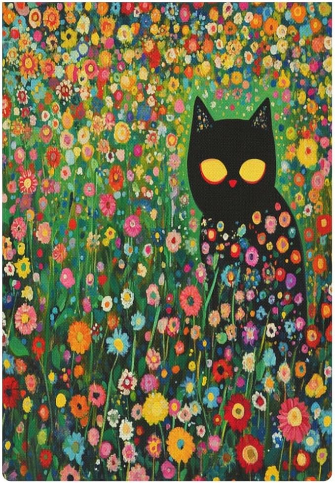 Black Cat Garden Flag Double Sided Outside 12x18 Inch Cute Black Cat in The Flower Garden Welcome Farmhouse Outdoor Flags Yard Flag Seasonal Holiday Decoration Courtyard
