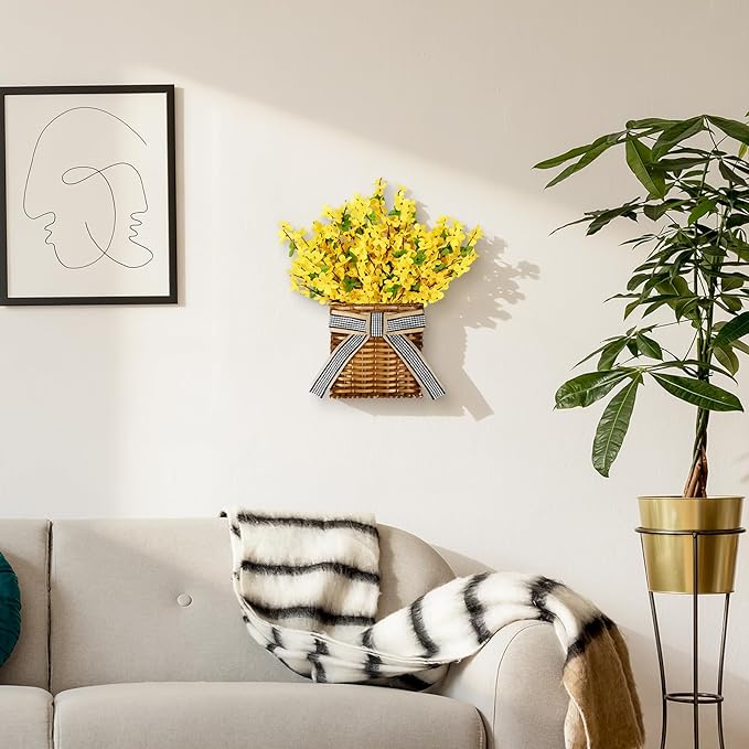 Yellow Forsythia Wreath Spring Door Hanger Basket Wreath, Artificial Spring Summer Flowers Wreathes with Green Leaves for Front Door Indoors Outdoor Decor Rustic and Farmhouse Yellow Wreathes