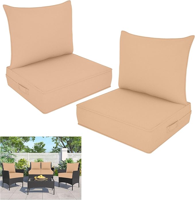 Outdoor Deep Seat Cushion Set, Fade Resistant Patio Chair Cushions, 24x24x6 Inch Patio Sofa Furniture Pad with Removable Cushion Covers (Khaki, 24''Lx24''Wx6''H-2pcs Set)