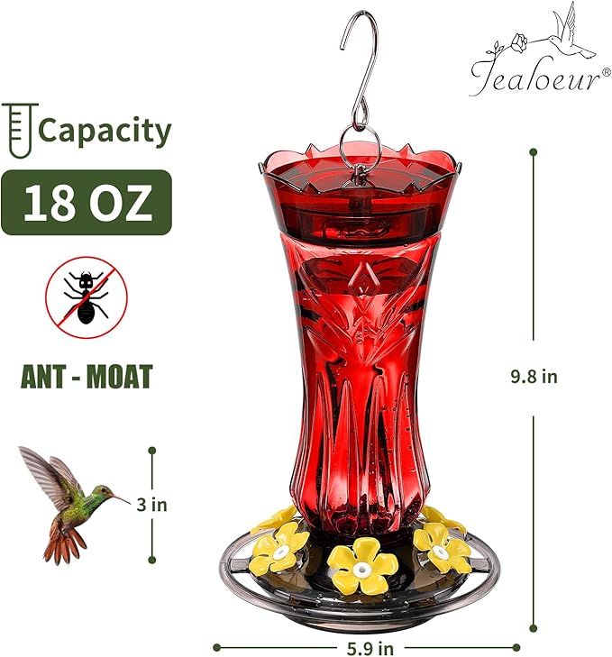 Hummingbird Feeder for Outdoors Hanging, 18 OZ Humming Birds Feeders with 6 Bee Guard Feeding Ports & Built-in Ant Moat, Easy to Clean, Durable Outdoor Garden Decor (Red 2 Pack)