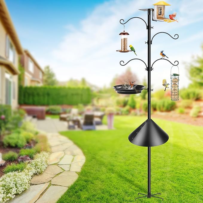 Bird Feeder Station with Squirrel Baffle and Bird Bath,Squirrel Proof for Bird Poles Hanging Feeder Station Kit Adjustable Heavy Duty Metal 5 Prong Base, Patio, Garden Decoration 92IN (Not House)