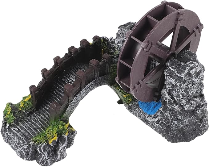 Yardwe Windmill Water Wheel Oxygen Pump 7.08X5.90X4.72In Mini Aquarium Decoration Resin Fish Tank Bridge Ornament for Indoor Outdoor Garden Pond