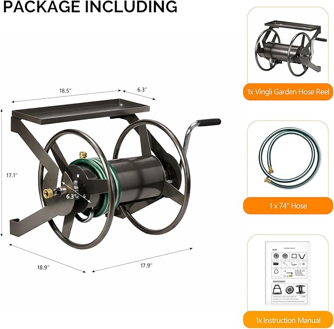 VINGLI Garden Hose Reel, Wall Mount Water Hose Reel for Garden Outside with Heavy Duty Space Saving Rolling Design Metal, 175FT Capacity for 3/4" Hose for Outdoor Use (Bronze)