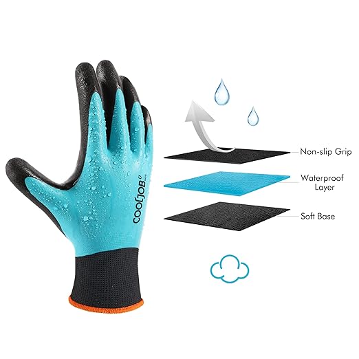 COOLJOB Waterproof Gardening Work Gloves with grip for Women & Men, Double Rubber Coated for Garden Yard Outdoor Construction Worker, Blue Medium Size 2 Pairs